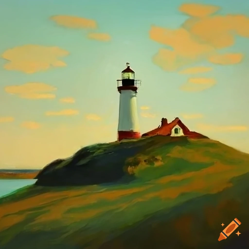 Rural landscape with a lighthouse on a hill in Edward Hopper style