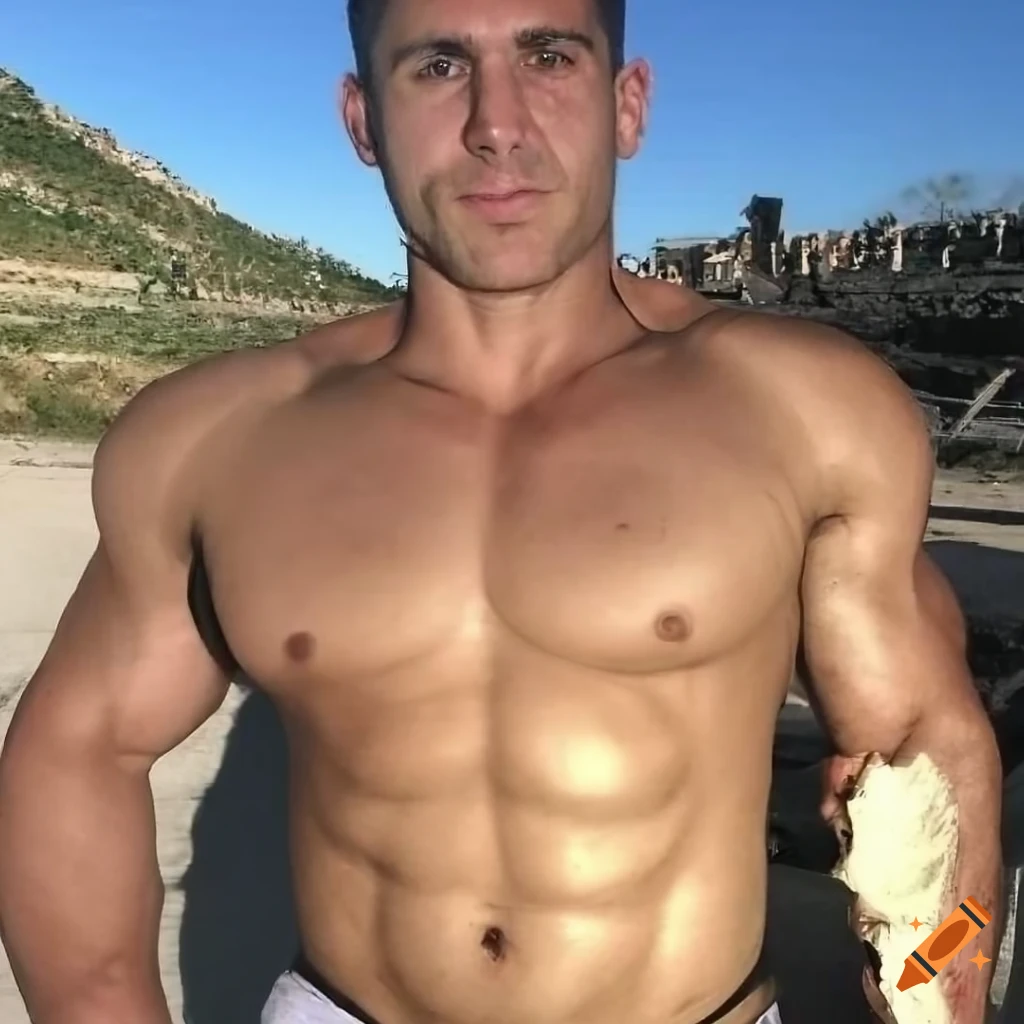 Muscular gladiator in loincloth and rugged face taking selfie