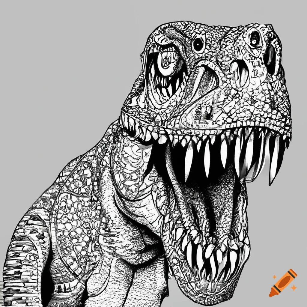 Detailed coloring book style illustration of a T-Rex dinosaur