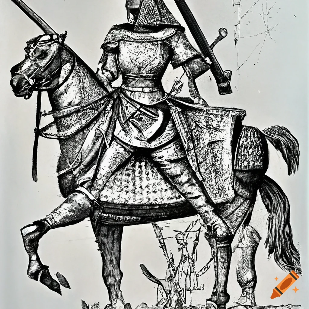 Historical artwork of Isabella of Swadia leading medieval army to battle in ink drawing style