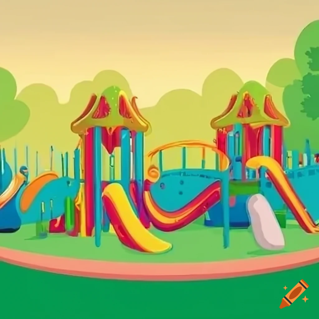 Vibrant playground scene with children playing games