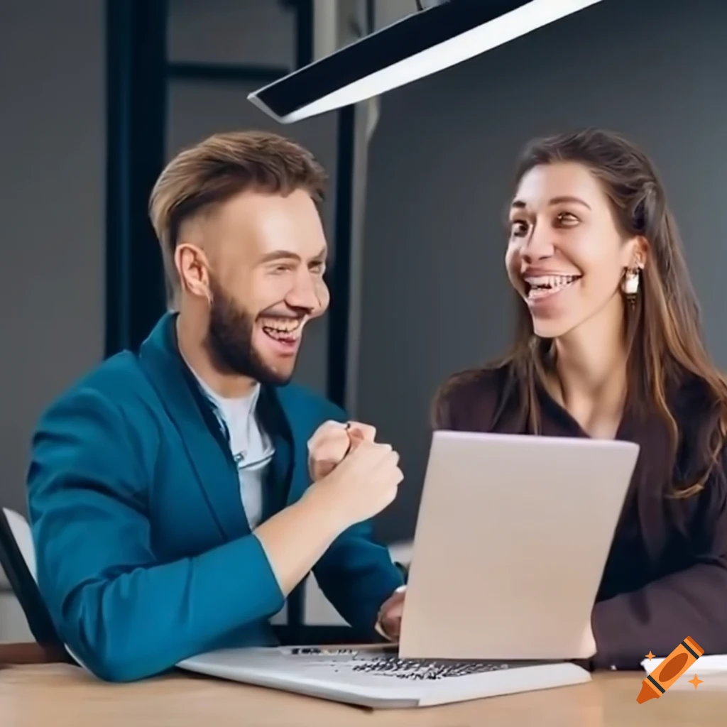 Man joyfully working with a female colleague in the office