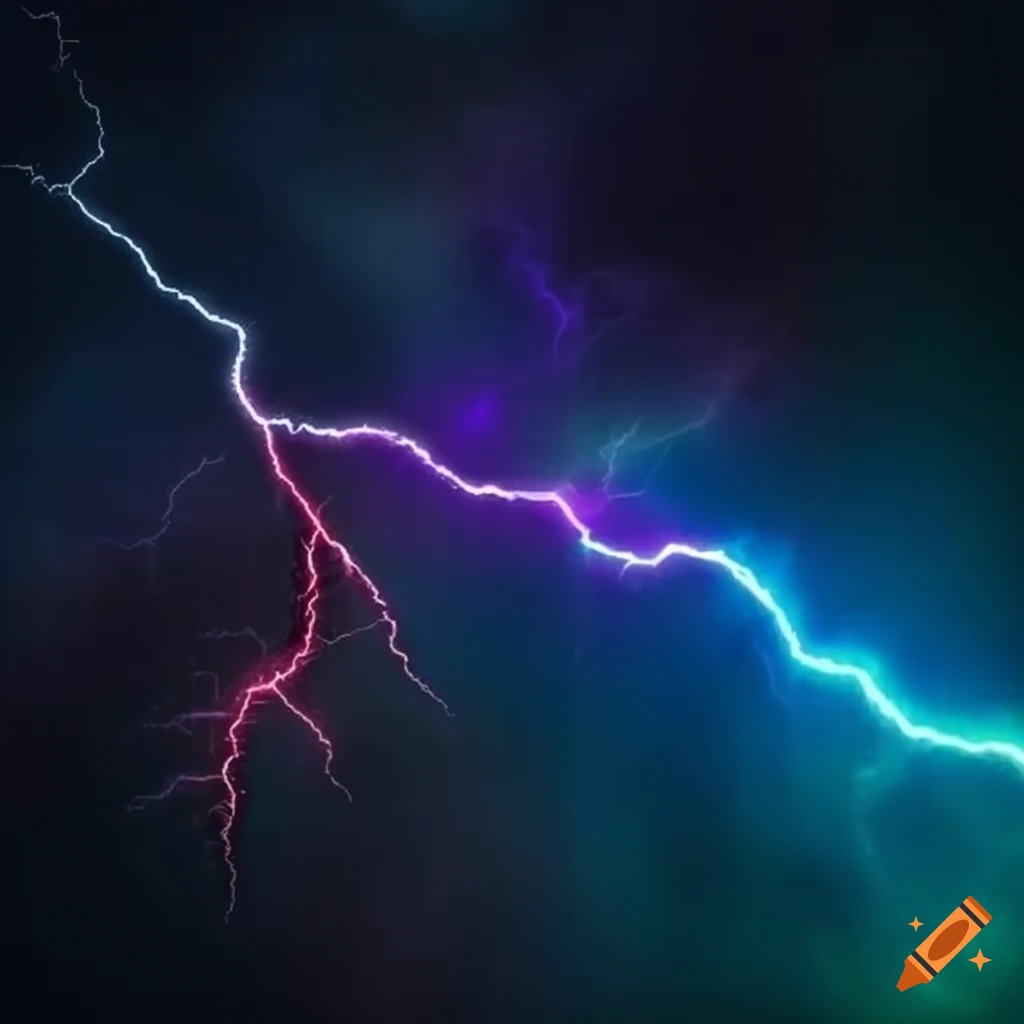 Rainbow colored lightning triangle in space with an art nouveau style