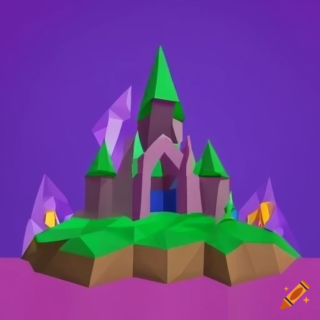 Low poly Nintendo 64 style landscape with purple crystals and wizard towers