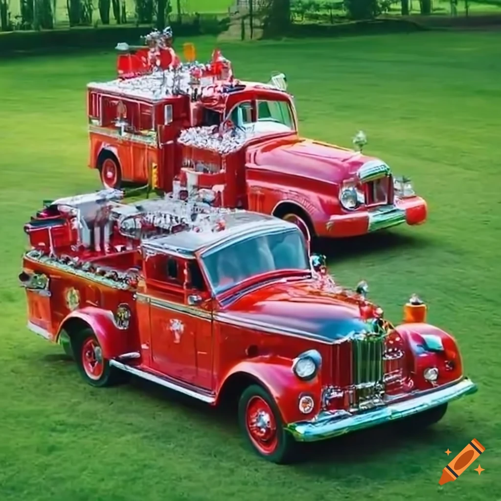 Classic fire trucks arranged in a parade setup on a green lawn