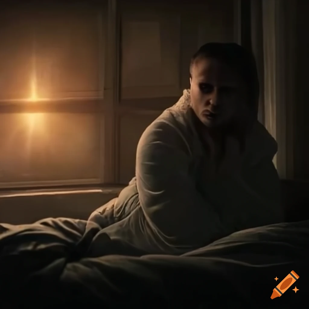 Man sleeping on bed looking out the moonlit window at night
