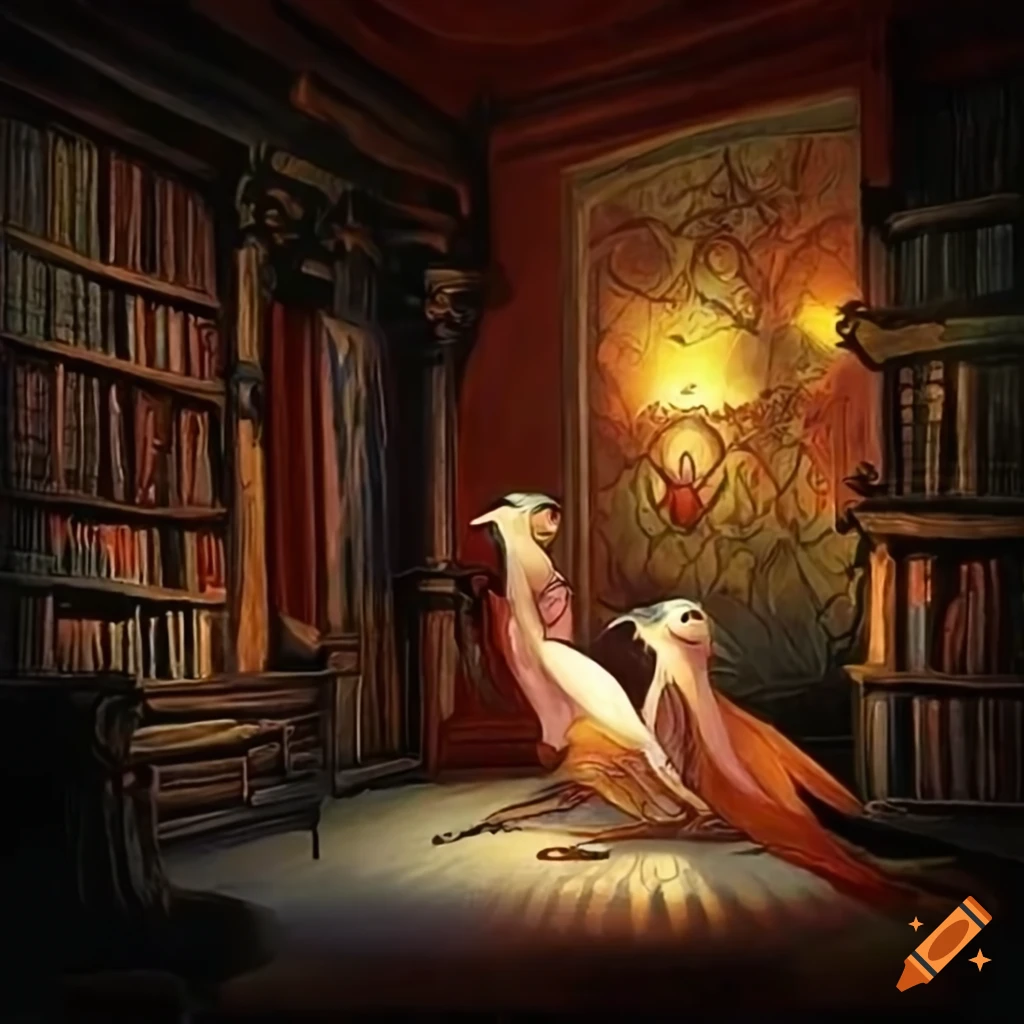 Frustrated princesses in a castle library with a shimmering bird on a windowsill