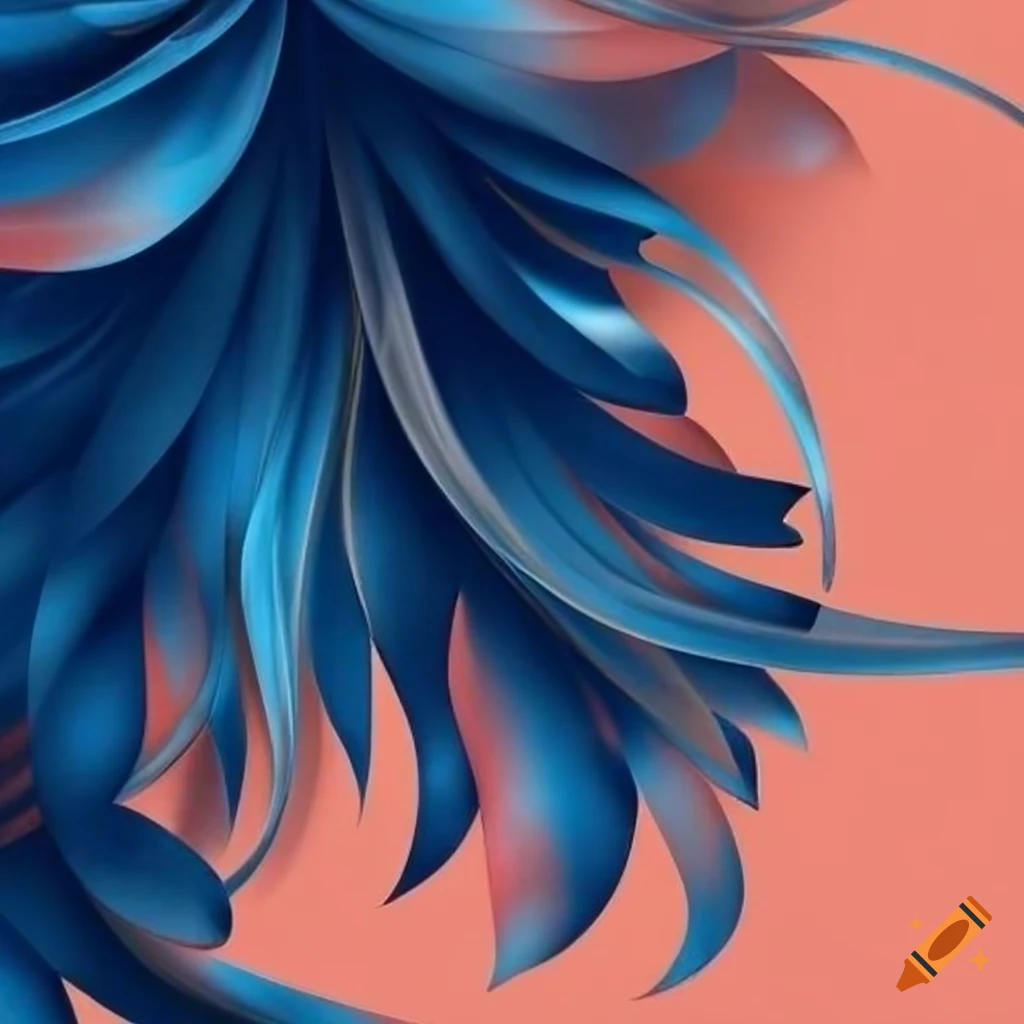 Abstract floral and leaves artwork on indigo blue and salmon backdrop with metallic silver ribbon