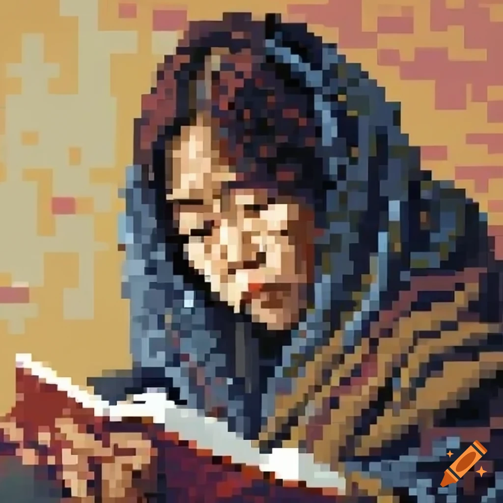 Pixel art oil painting portrait of a Japanese student woman reading in a library