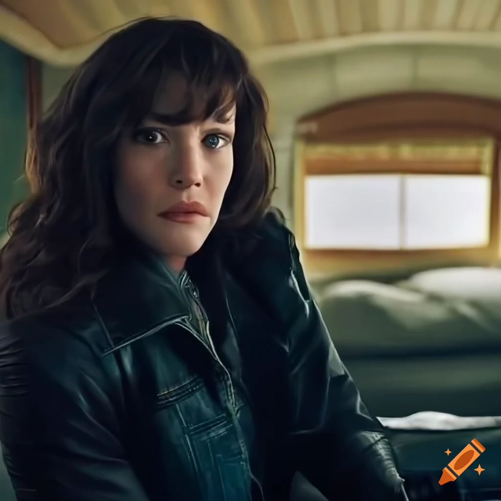 Young woman in outlaw biker style sitting in a caravan trailer