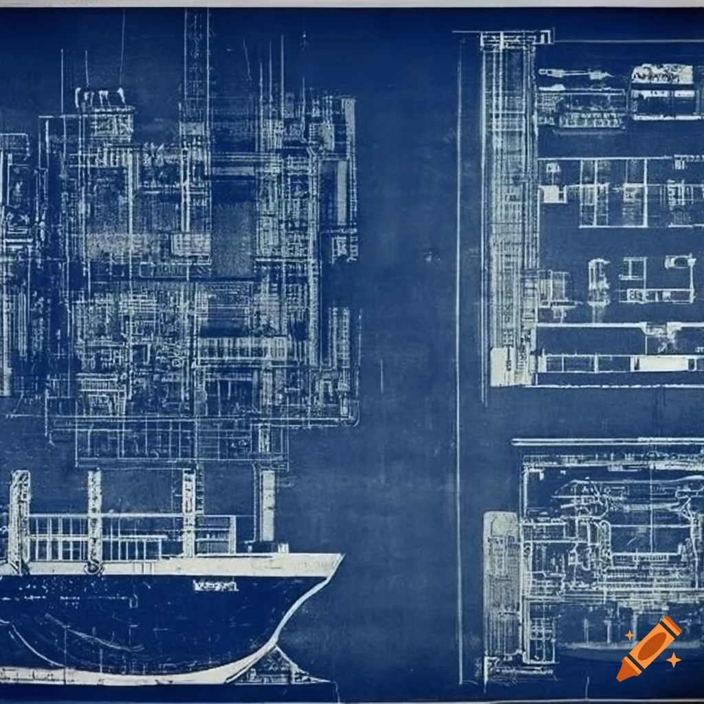 Vintage blueprint plan of a 1940s flat cargo ship