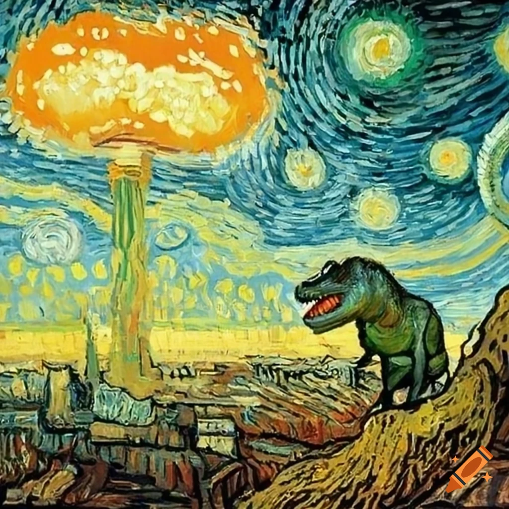 Tyrannosaurus rex observes city explosion in vincent van gogh style on ...