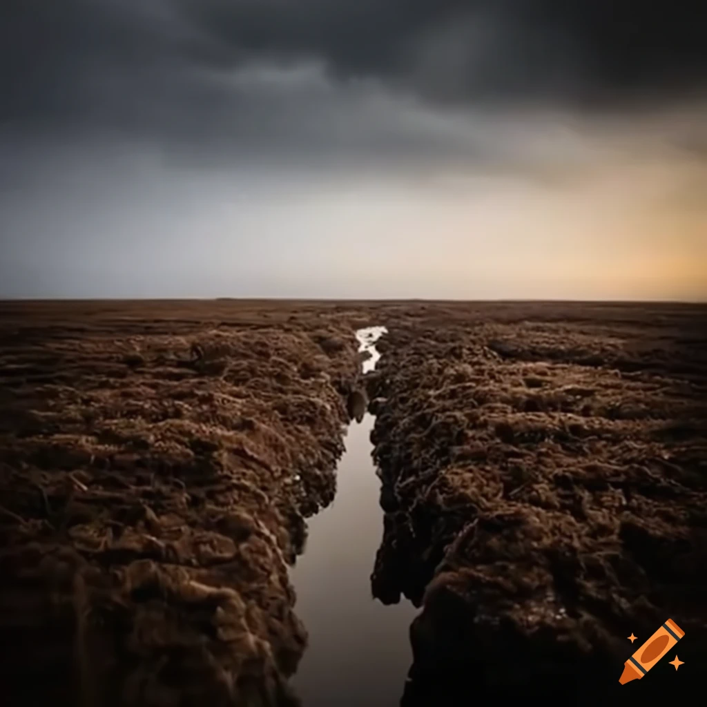 Scientists researching on a peat field in a dramatic and serene setting