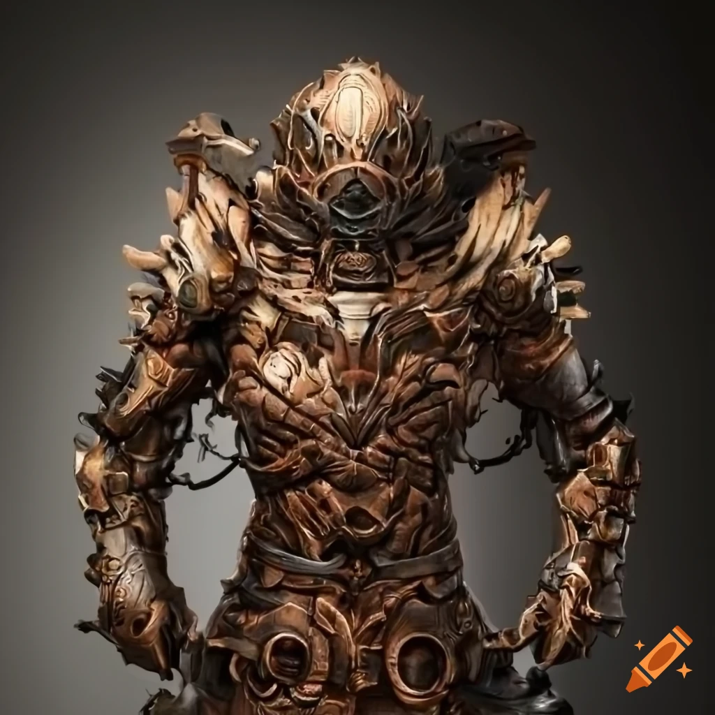 Man in a beautifully-detailed carved battle suit made of intricate wood