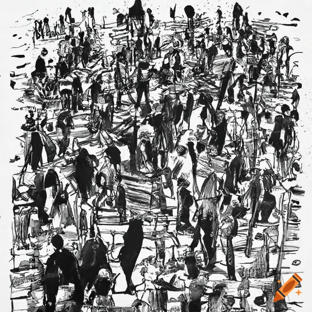 Crowd of people in striking black and white ink
