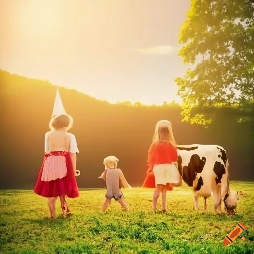 Joyful family celebrating cow's birthday in idyllic farm setting