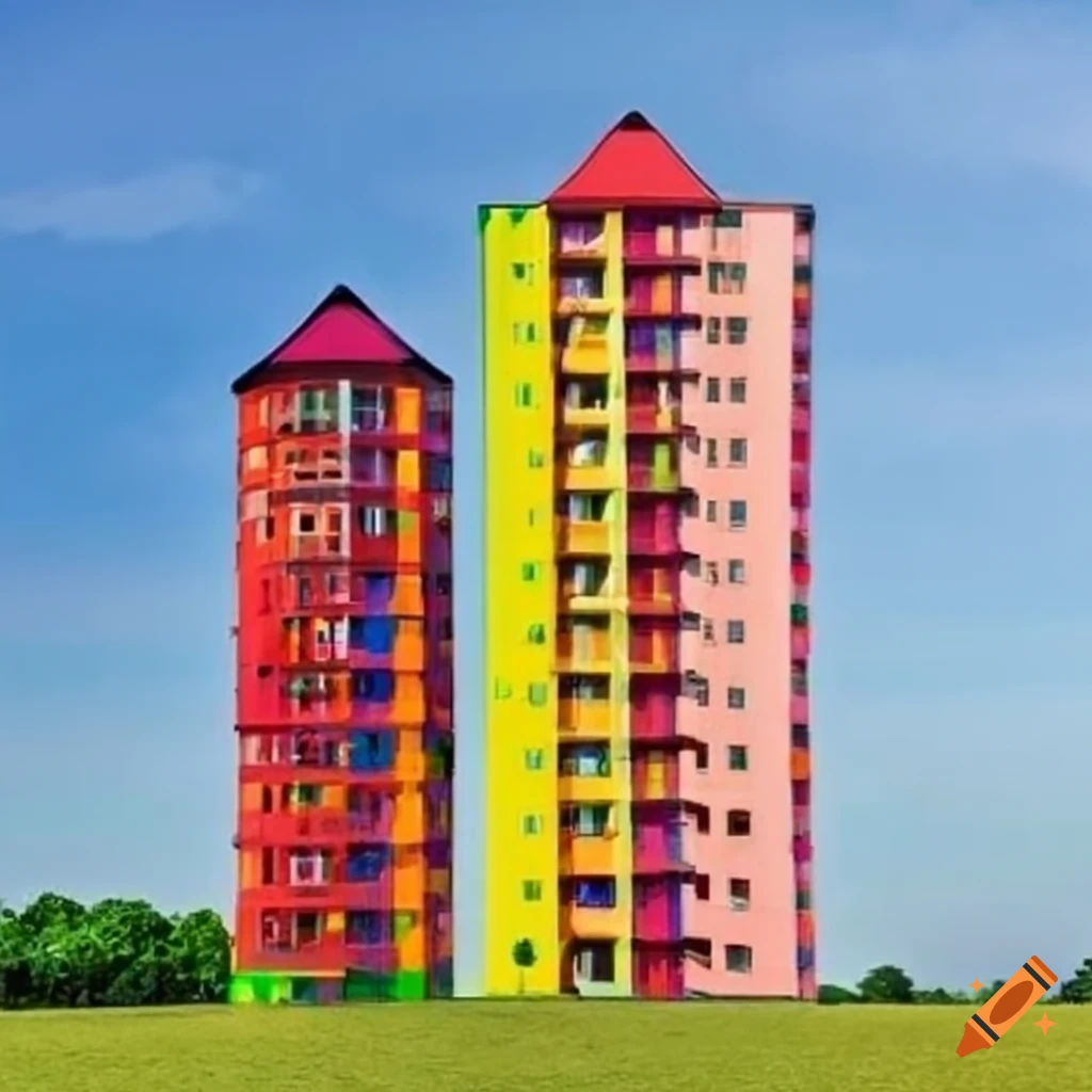 Dreamcore with colorful house-shaped towers