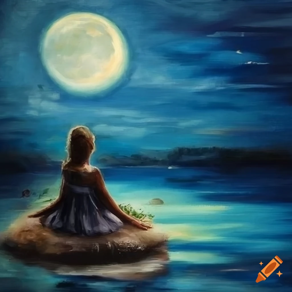 Girl on an island under the moonlight in a painting