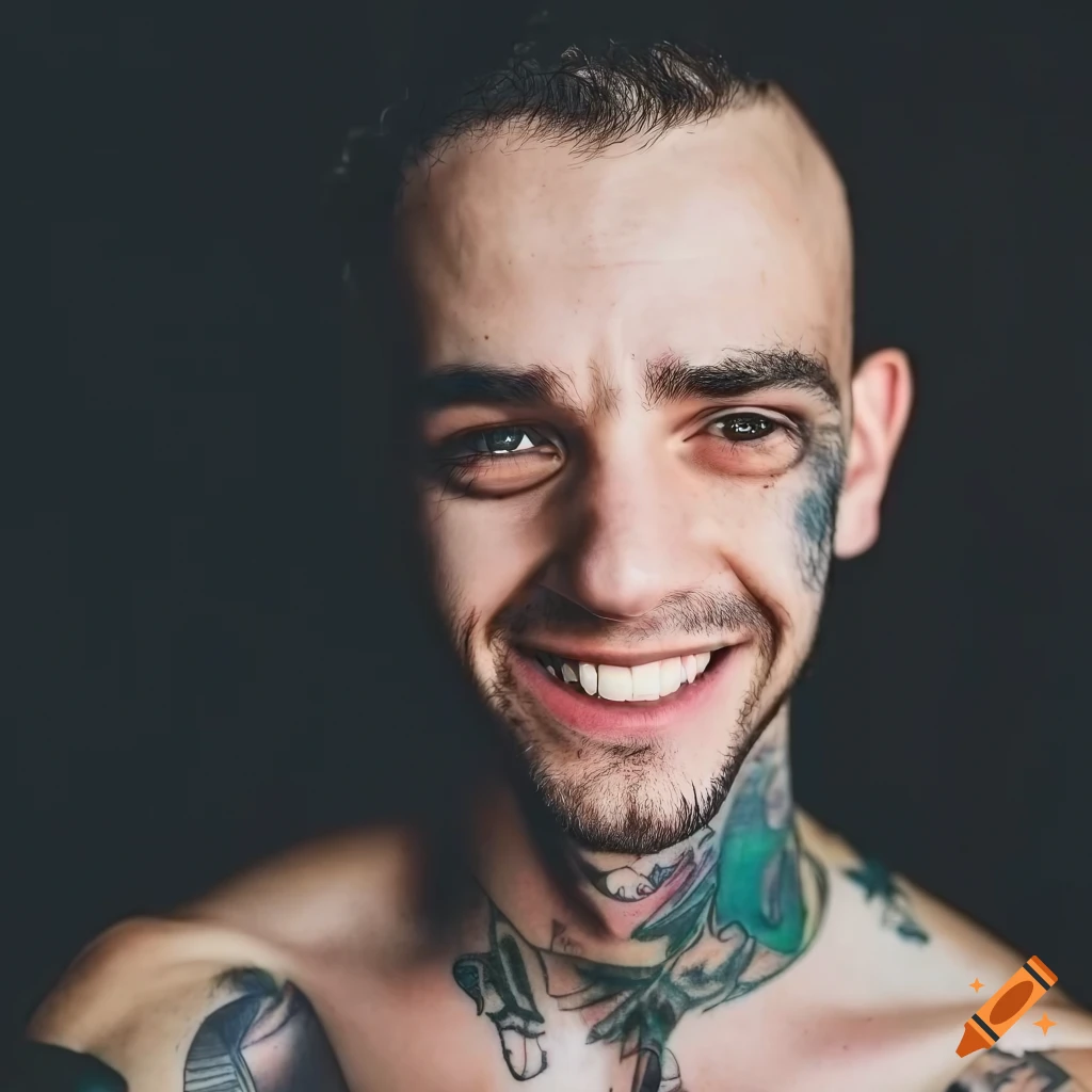 Portrait of a stoic and muscular young man with tattoos