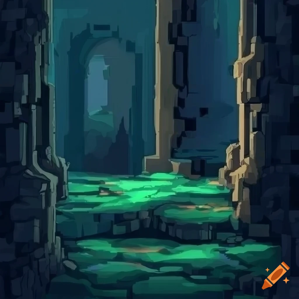 Dungeon aesthetic pixel art poster background in cool colors