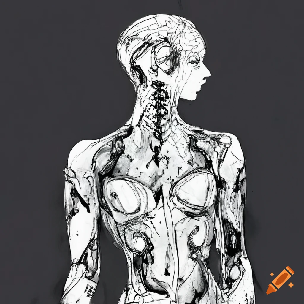Ephemeral man cyborg in white high-tech bodysuit inspired by Yoshitaka Amano