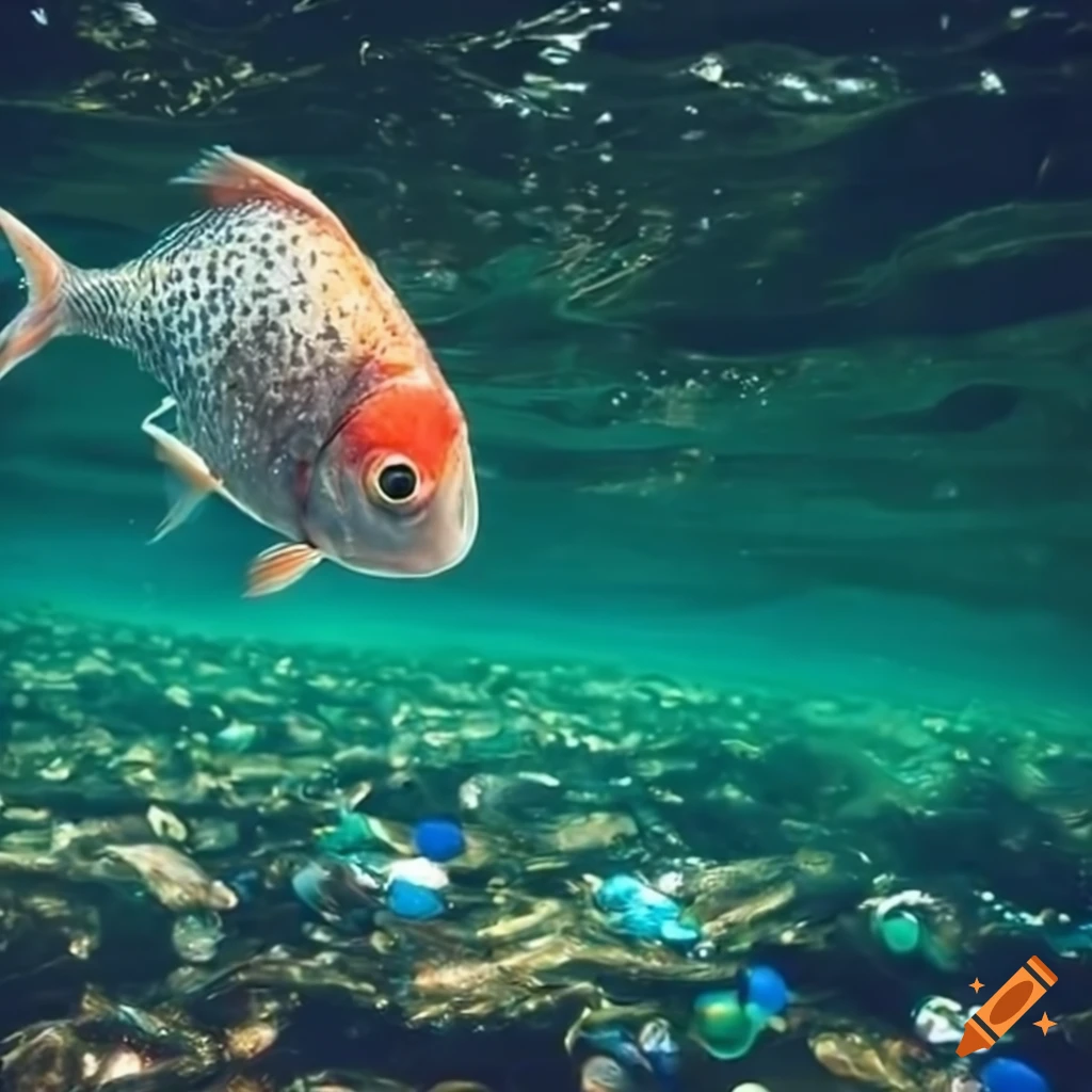 Fish swimming in polluted water surrounded by plastic
