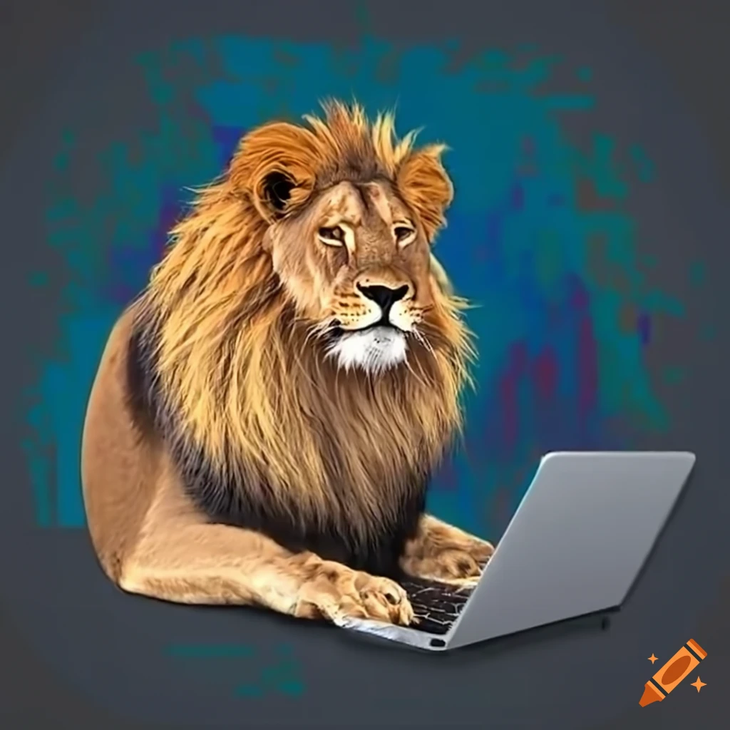 Lion using a laptop