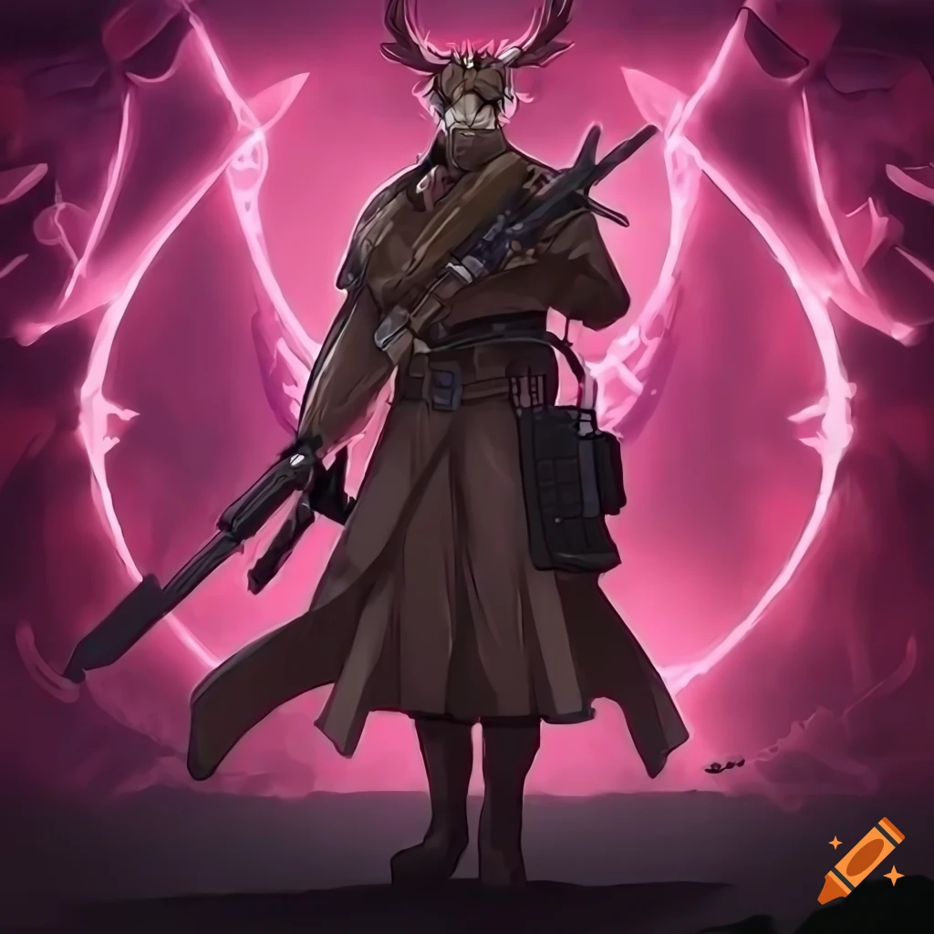Anime-style artwork of a deer-human soldier standing guard with a rifle