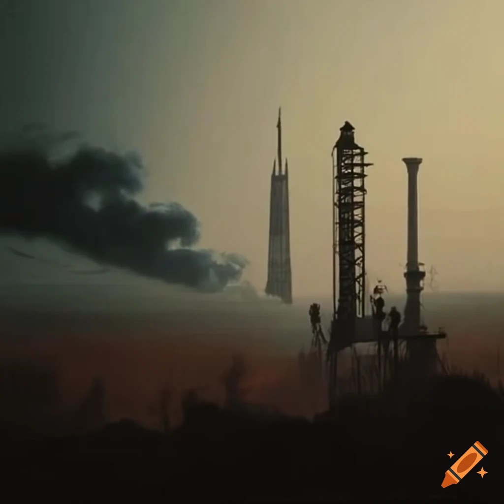 Scene depicting oil derricks, smog, and poverty in a developing country