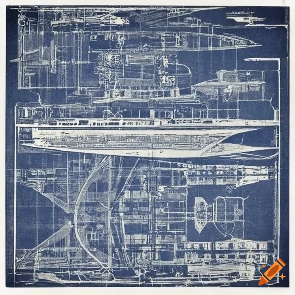 Vintage blueprint plan of a 1940s flat cargo ship