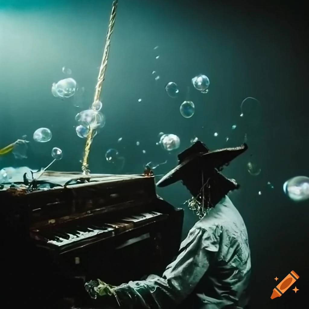 Creepy scarecrow playing piano underwater surrounded by bubbles