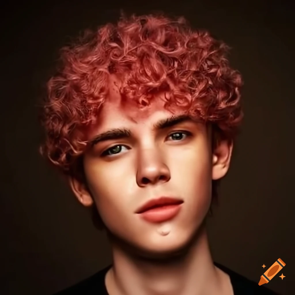 Young man with tanned skin, pink curly hair, and brown eyes