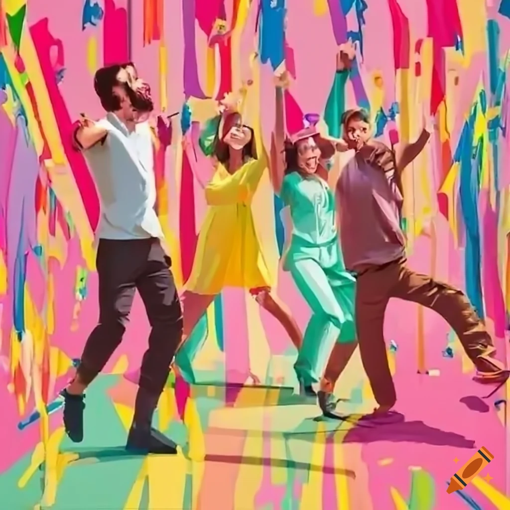 Colorful outdoor celebration with cheerful workers playing and dancing