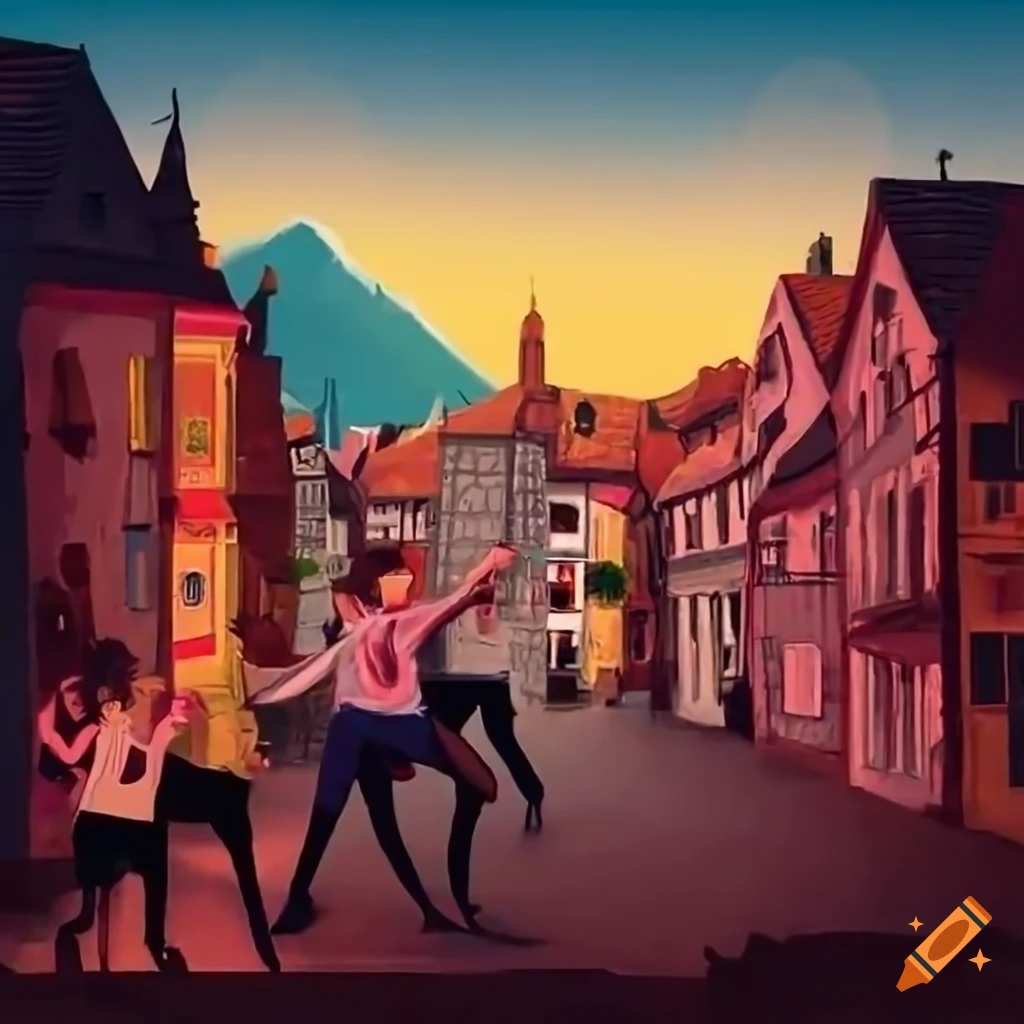 Festive party in an old town with diverse activities and professions, mountain in the background