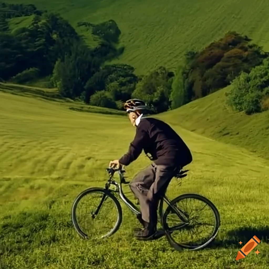Elderly man enjoying a scenic bike ride through rolling hills