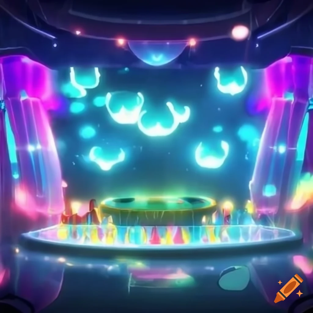 Anime-style game show set with bright lights and colorful stage design in a water theme