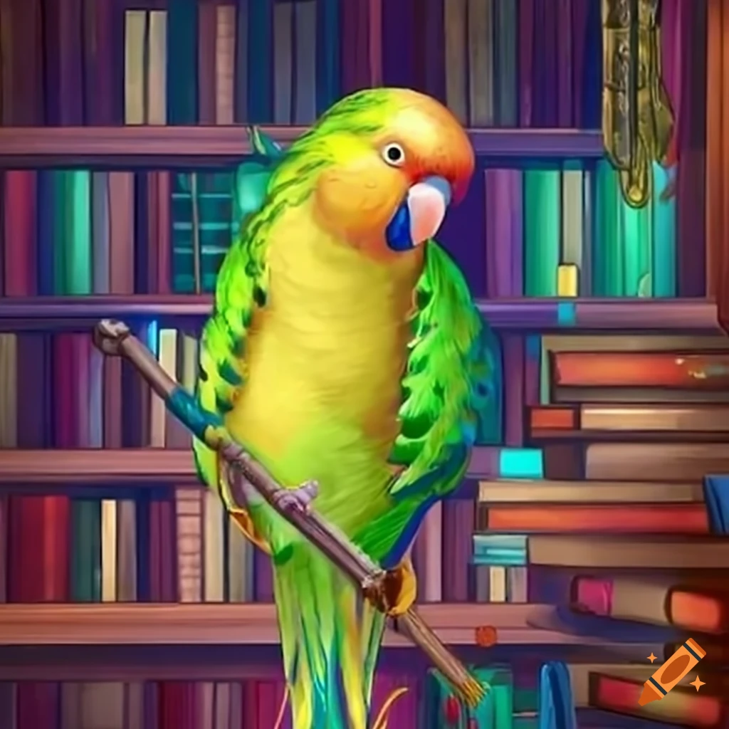 Colorful parakeet delivering a magical flute to princess in a library