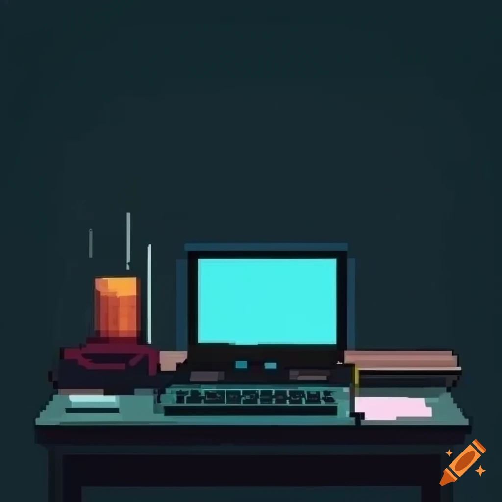 Minimalist pixel art of an IT worker typing at a desk with computer equipment