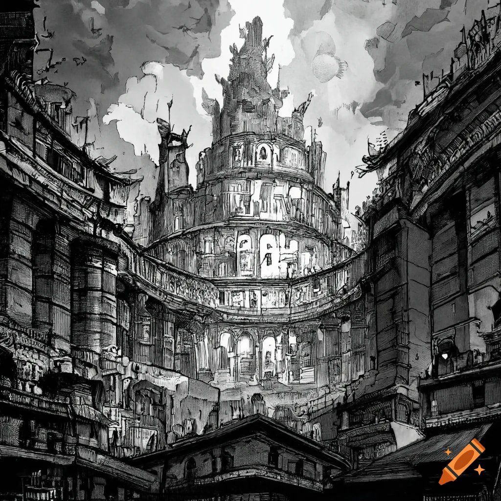 Tower of Babel-like structure with multiple levels connected by bridges in a stormy setting