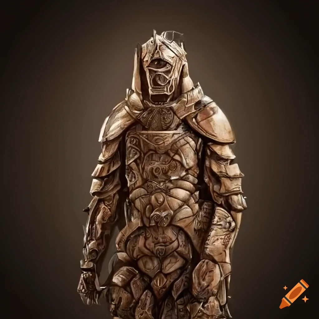Intricately carved battle suit made of wood on a man
