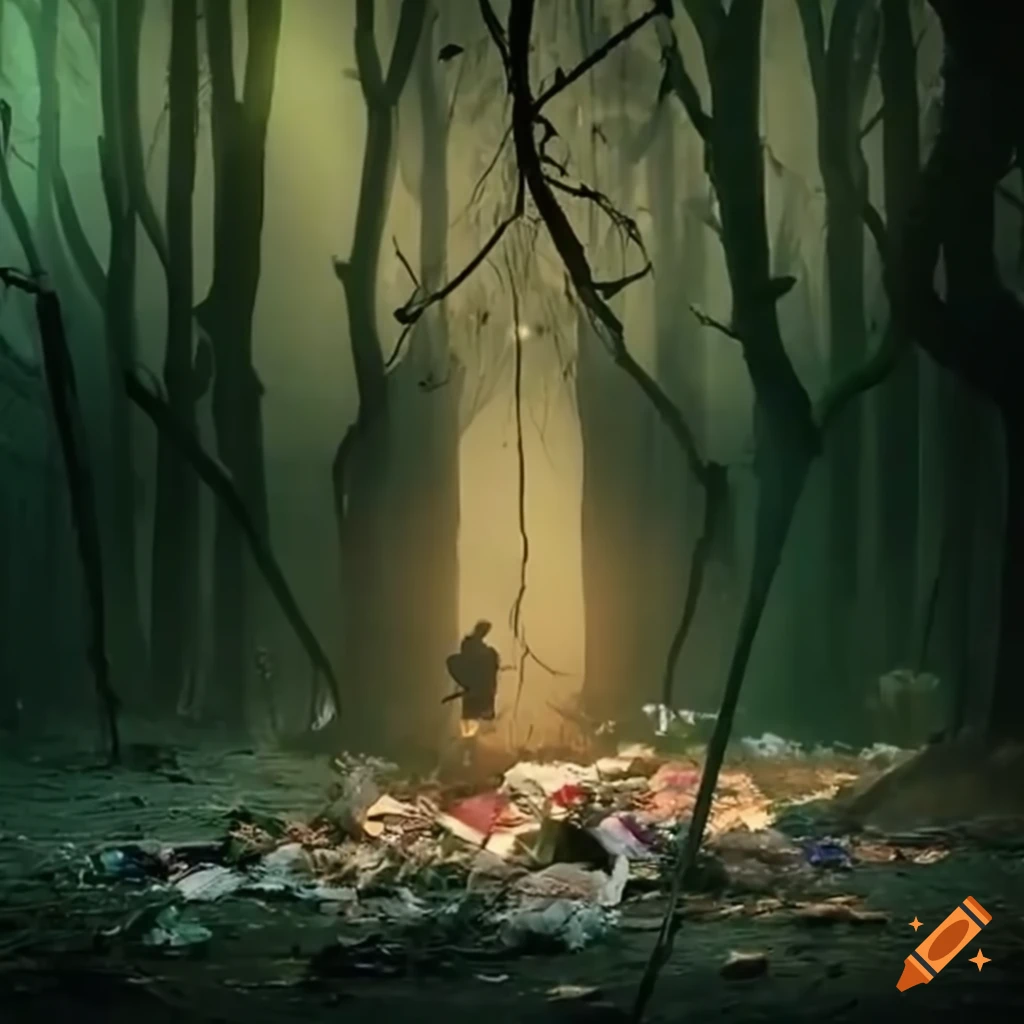 Creatures in a polluted forest struggling to survive among garbage