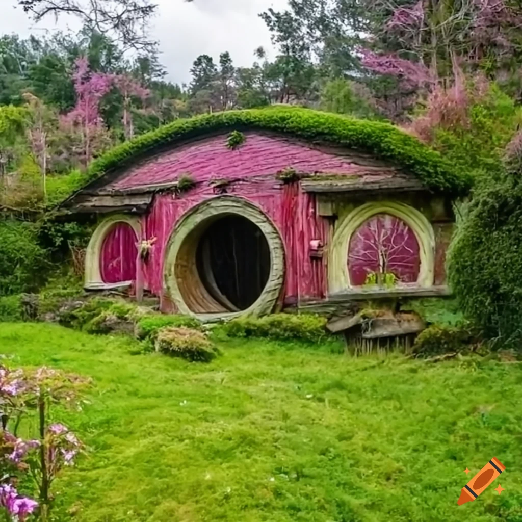Rainy storm over a lake with pink trees and a mossy hobbit house