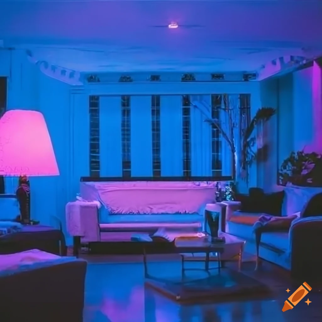 Vaporwave aesthetic living room with unique lighting