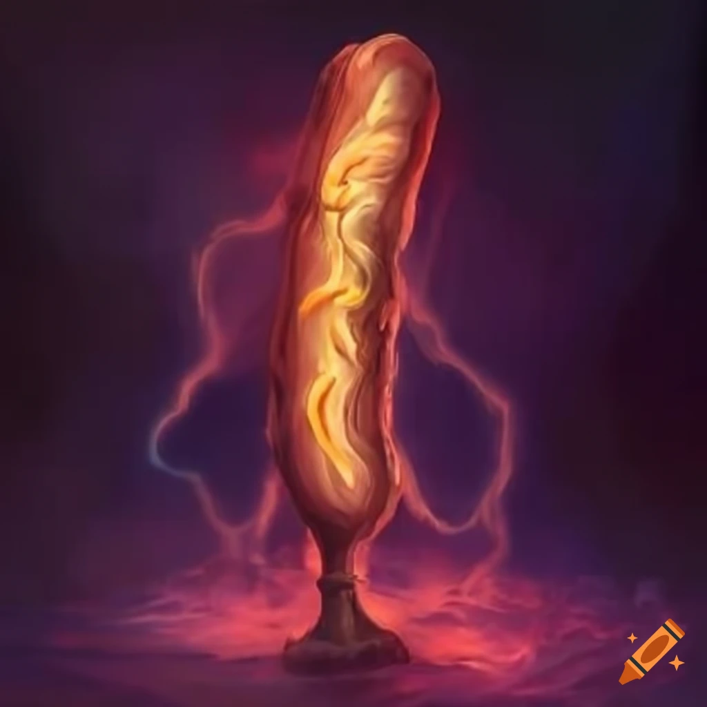 Enchanted hotdog dagger with a laughing head on the pommel glowing with mystical aura in a fantasy setting