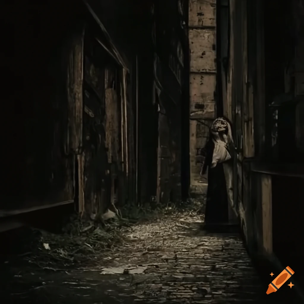 Moody graphic novel scene of a woman in trench coat in an abandoned alleyway