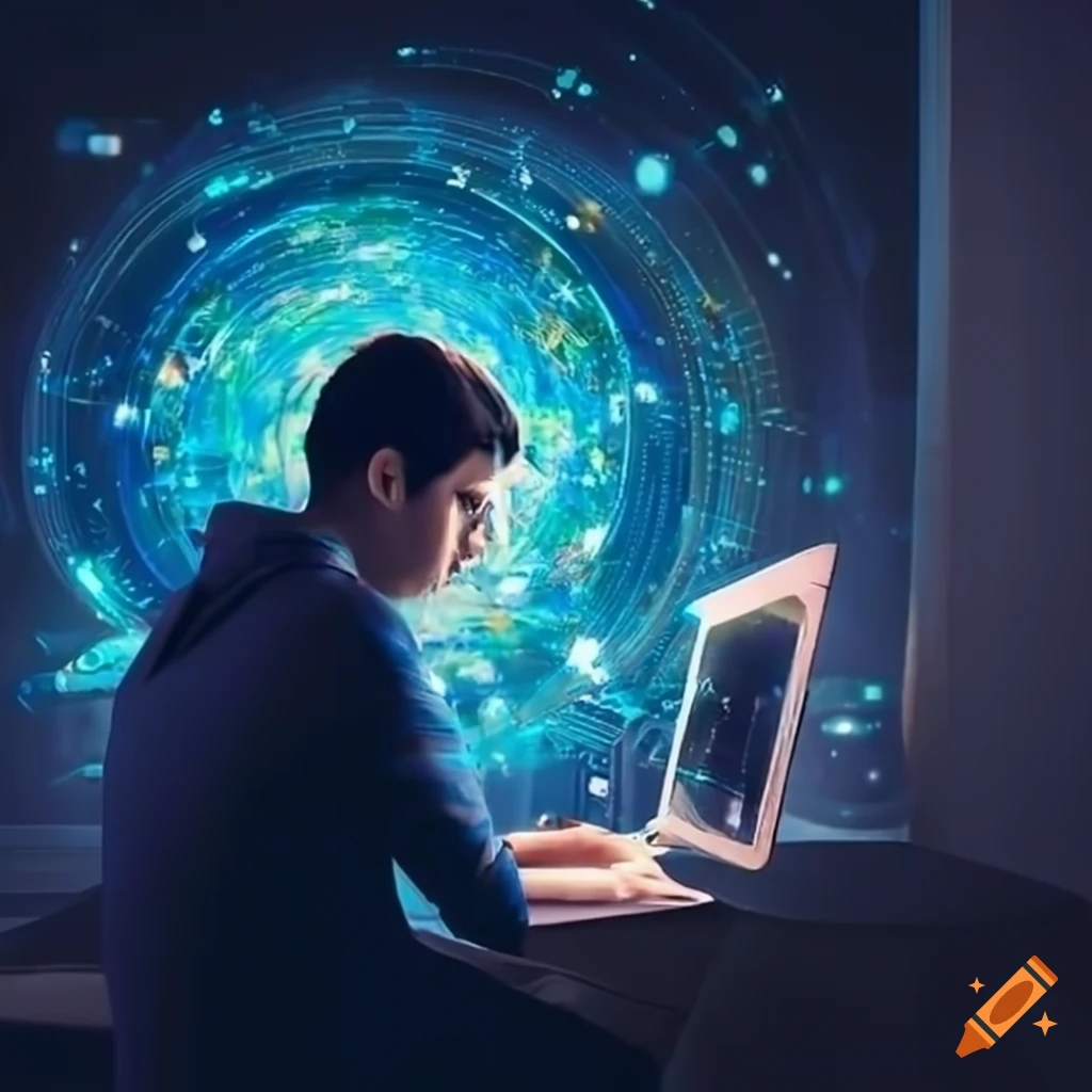 Young man exploring endless data universe on computer