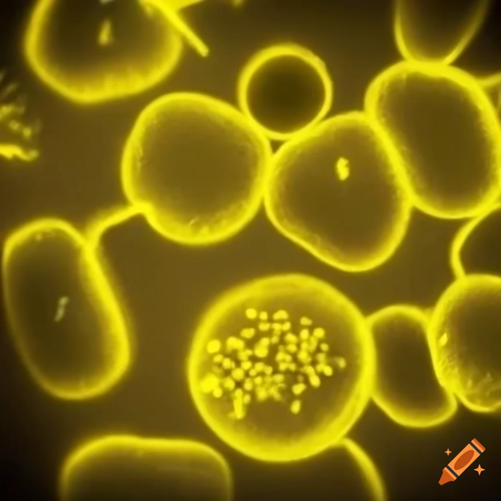 Yellow glowing bacteria cells under a laboratory microscope