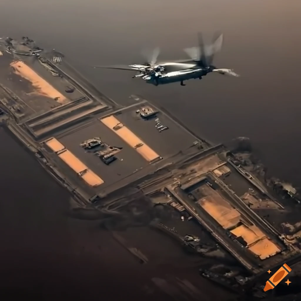 Military base with helicopters and runway from above