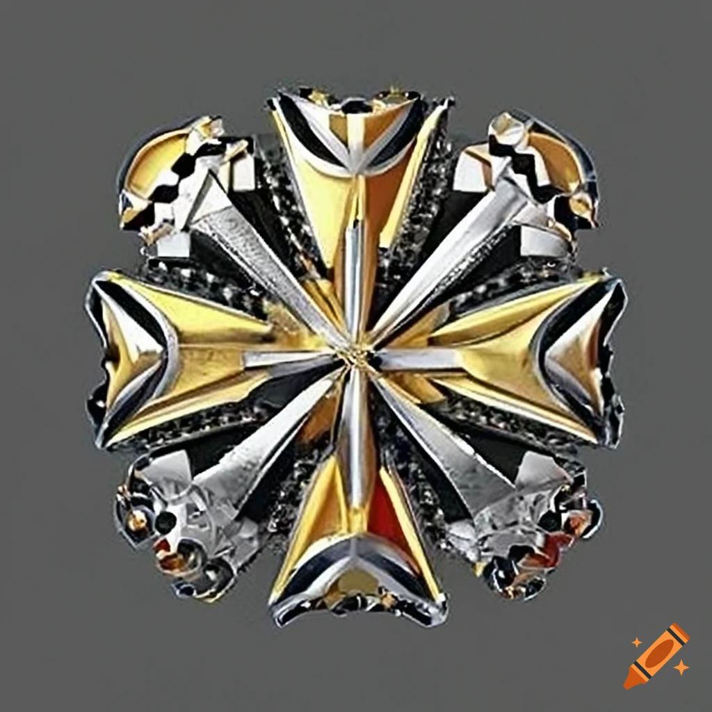 Maltese cross with circular transparent black and silver design