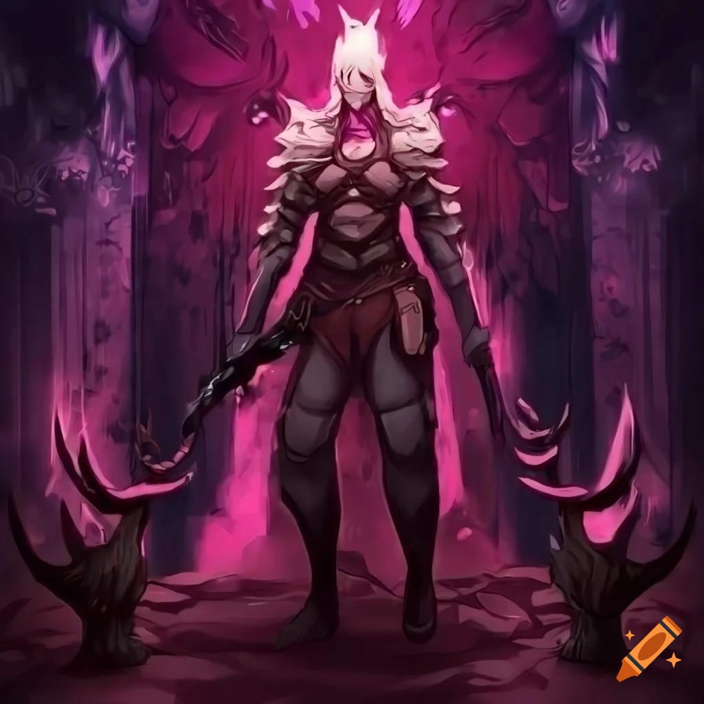 Anime deer-human soldier with antlers standing guard against a pink obsidian backdrop